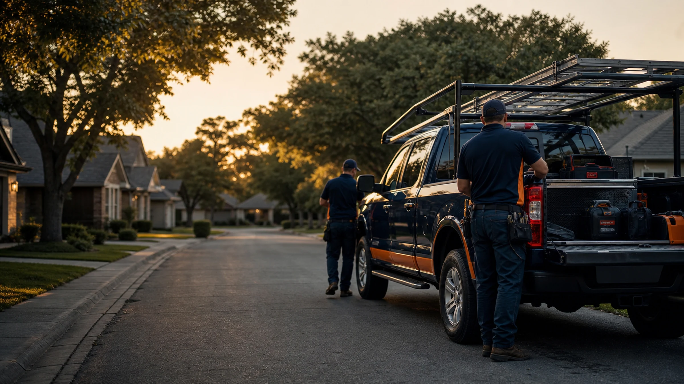 A roofing crew heading out from their truck on a suburban street at golden hour