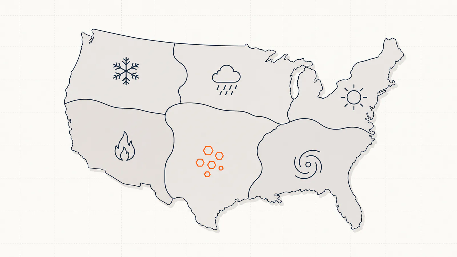 Map of U.S. climate zones with hail, hurricane, snow, sun, rain, and wildfire icons — how climate ages roofs.