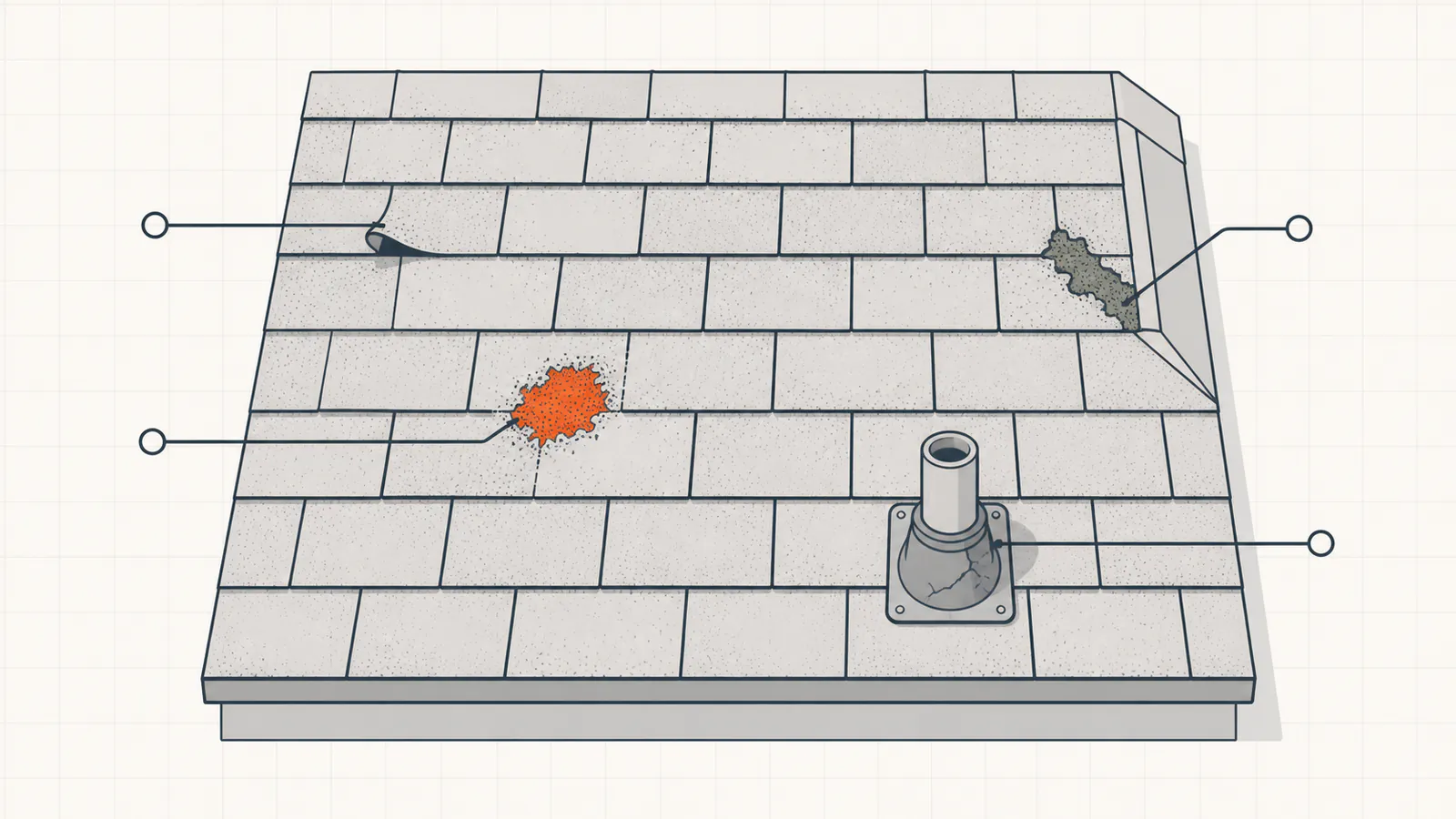 Annotated roof diagram pointing out curling shingles, granule loss, moss, and a cracked vent boot.