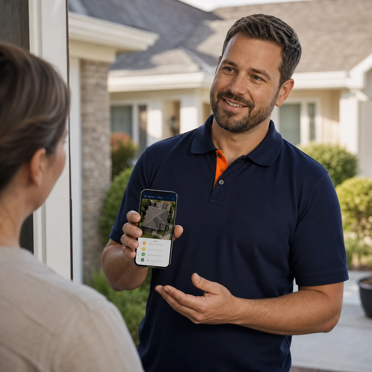 A roofing rep at a homeowner's front door showing a branded roof report on his phone